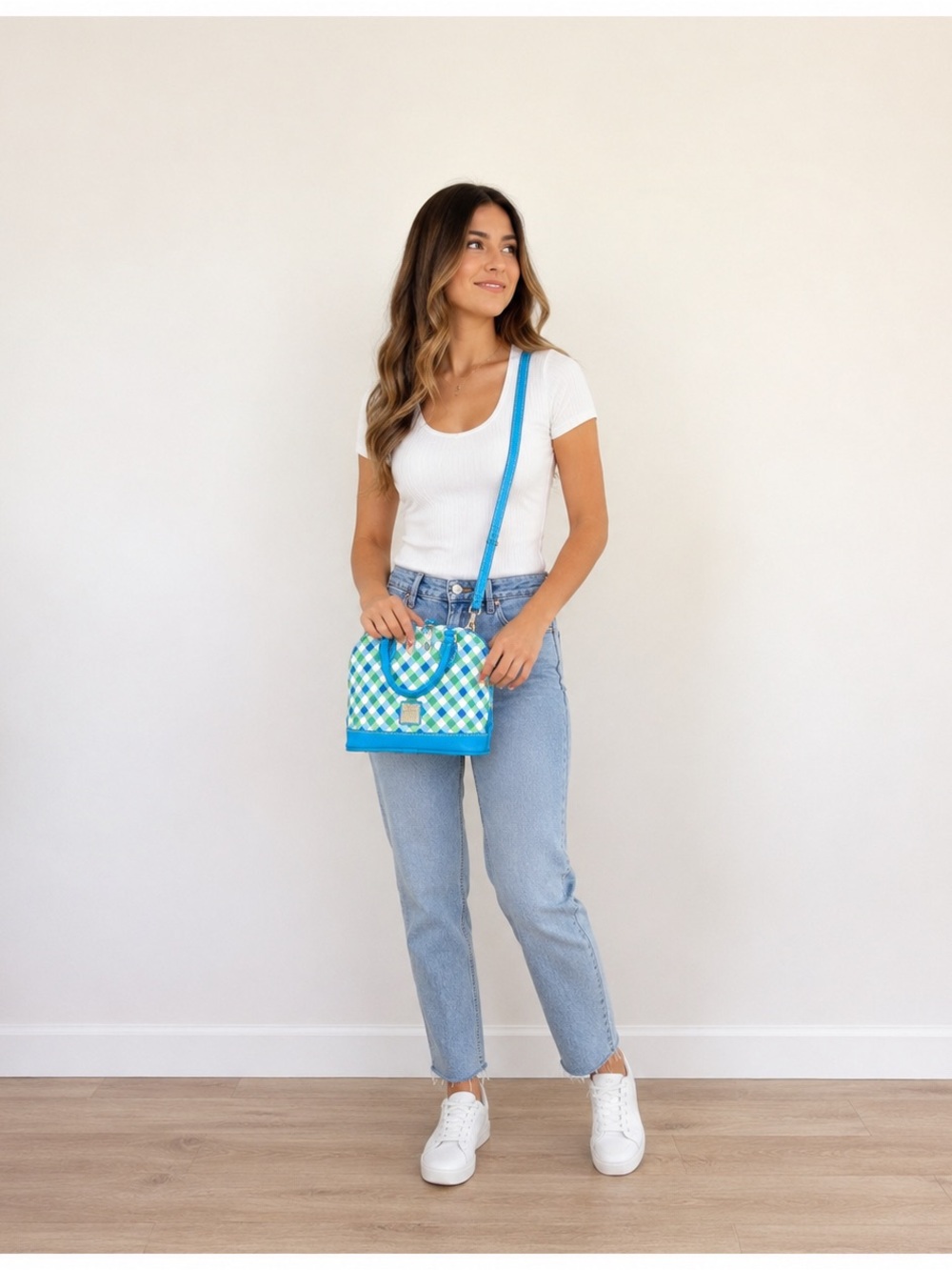 Dooney & Bourke Bitsy Bag Blue Green Gingham Crossbody Satchel Purse EUC